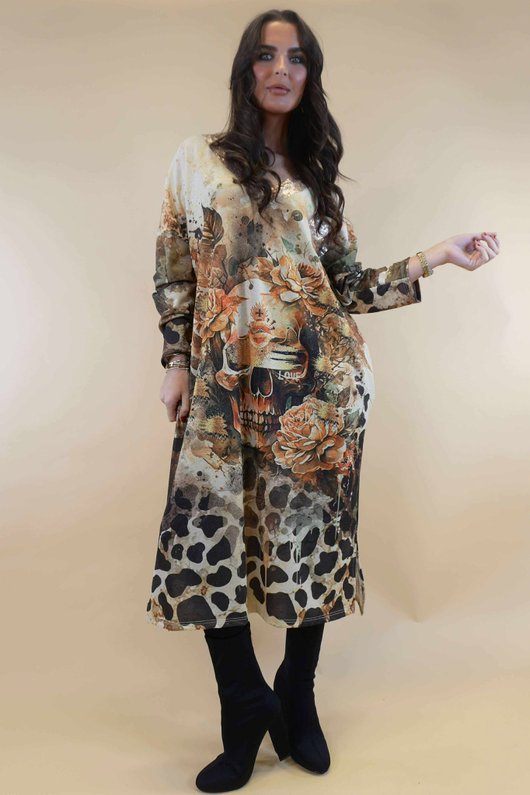 Ezra T Shirt Midi Dress Skull & Roses ' /10=